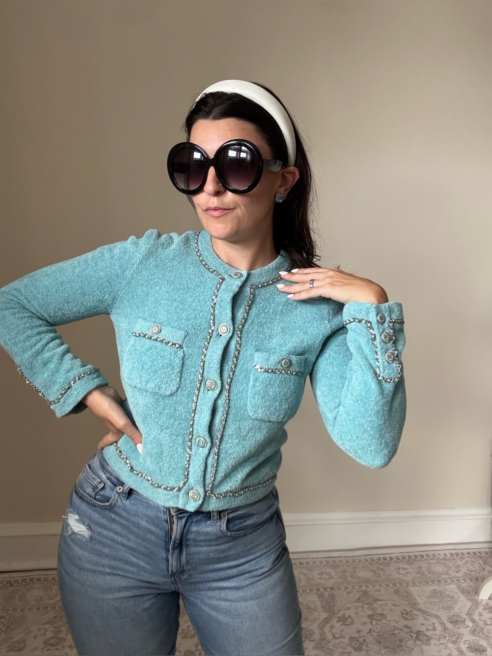 Chanel 2020 cruise resort terry cloth aqua jacket with chain detail size 34